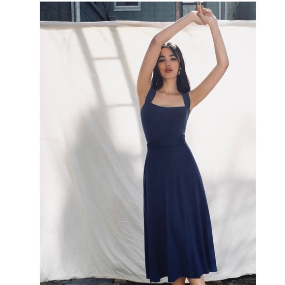 NEW REFORMATION DARK BLUE TIE BACK MIDI DRESS - Picture 8 of 8